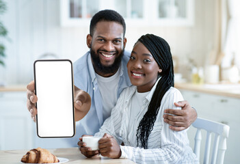 Poster - Cheerful african american couple holding mobile phone with empty screen