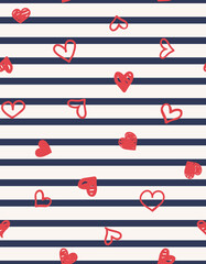 Wall Mural - Stripes with doodled hearts seamless repeat pattern. Maritime, vector all over print background motif.