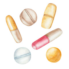 Watercolor illustration of hand painted red, yellow, blue pills, capsules, vitamins and supplements. Isolated on white clip art elements of medication for health care advertisement, posters, treatment