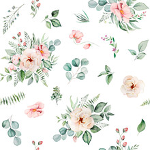 Watercolor Light Pink Flowers And Green Leaves Bouquets Seamless Pattern Illustration