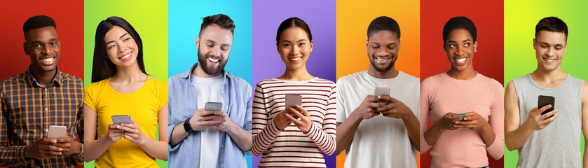 Poster - Creative Collage With Diverse People Using Smartphones Over Colorful Backgrounds