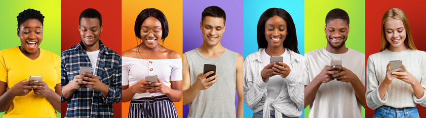 Poster - Social Media Addiction. Young People Browsing Internet On Smartphones Over Colorful Backgrounds