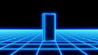 A slightly open door to another dimension on the 80s retrowave style blue neon grid. 3D illustration.