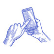 Hand holding smart phone in engraving style