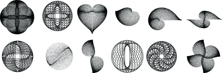 Wall Mural - Big set of lines in various shape . Spiral Vector Illustration .Big collection of round Logos . Rouhgen edges . Abstract Geometric circular shapes .Rotating radial lines collection. Concentric circles
