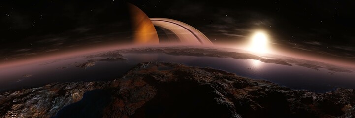 Wall Mural - Beautiful alien landscape at sunrise, satellite of saturn at sunset, , 3d rendering