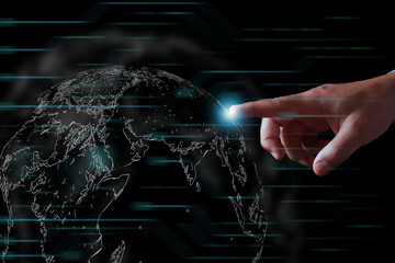 Poster - Businessman hand touching global network and data exchanges over the world 3D rendering