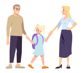 Poster - Bringing child to school on first day semi flat RGB color vector illustration. Joyful family holding each other hands isolated cartoon characters on white background