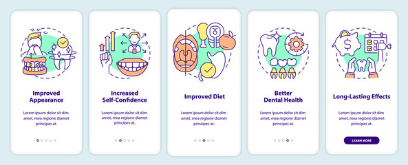 Cosmetic dentistry benefits onboarding mobile app screen. Improved diet walkthrough 5 steps graphic instructions pages with linear concepts. UI, UX, GUI template. Myriad Pro-Bold, Regular fonts used