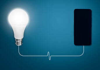 Poster - Idea Bulb Connected with Mobile and Transfering Current Through Wire. Abstract Glowing Bulb Background connected with mobile