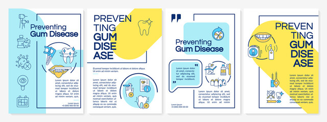 Periodontal disease prevention blue and yellow brochure template. Brush teeth. Leaflet design with linear icons. 4 vector layouts for presentation, annual reports. Questrial, Lato-Regular fonts used