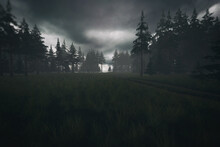 Dirt Road With Tire Tracks In Dark Misty Pine Forest Under A Cloudy Sky. 3D Render.