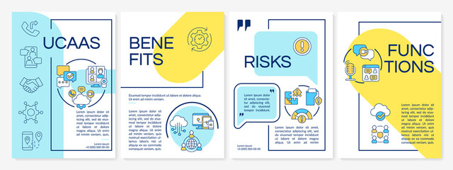UCaaS system usage blue and yellow brochure template. Business network. Leaflet design with linear icons. 4 vector layouts for presentation, annual reports. Questrial, Lato-Regular fonts used