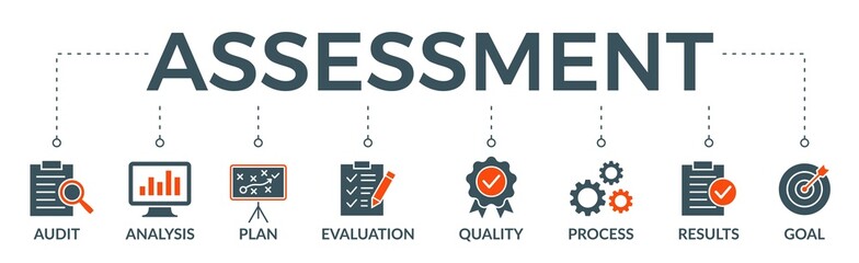 Assessment banner web icon vector illustration for accreditation and evaluation method on business and education with audit, analysis, plan, evaluation, quality, process, results, and goal icon