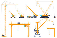 Truck Crane Industrial Vehicle Collection Vector Engineering Building Elevate Freight With Hook