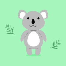 Cartoon Koala Character With Eucalyptus Leaves. Vector Illustration On Green Background