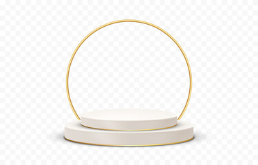 Vector pedestal png. Pedestal with golden circle on isolated transparent background. Podium for advertising, podium for products. PNG.