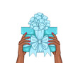 Vector drawing elegant African American woman hand. Woman Fashion model fingers with manicure nails holding turquoise boxes decorated with mint ribbons and bows. Design print Festive greeting present 