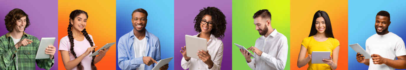 Poster - Great App. Diverse Happy People With Digital Tablets Posing Over Colorful Backgrounds
