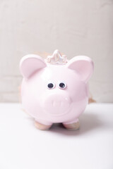  pink ceramic piggy bank. savings, prices, interest and expenses of money