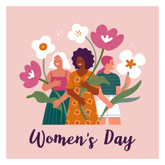 Wall Mural - International Women's Day. Vector cartoon illustration of three diverse smiling women of different nationalities, standing with abstract flowers in hands. Isolated on light pink background