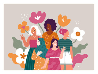 Wall Mural - International Women's Day concept. Vector cartoon illustration of diverse smiling women of different nationalities, standing in front of abstract flowers. Isolated on background