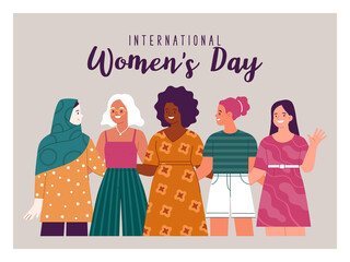 Wall Mural - International Women's Day greeting card. Vector cartoon illustration of diverse smiling women of different nationalities, standing together embracing. Isolated on background