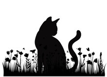 Cat Sitting On The Grass Silhouette ,on A White Background, Vector