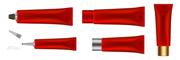 Set of red tubes with long nozzle and silver caps. Cosmetic packaging. Serum or ointment. Gel or cream. Vector illustration isolated on a white background. 3d. Toothpaste