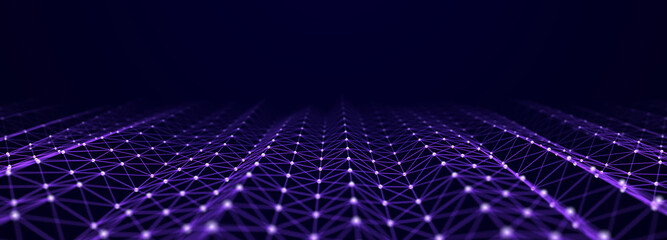 Poster - Abstract dynamic wave of particles and lines. Big data. Network or connection. Digital background. 3d rendering.
