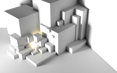 Poster - Abstract architectural background with cube construction or stage and light beam inside. 3D illustration