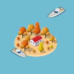 Wall Mural - Isometric sea with island and yacht ship illustration.