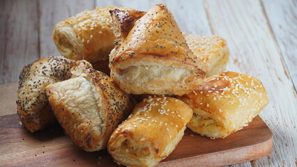 Burekas with cheese and mushrooms, potato. Israeli Savory Pastries.