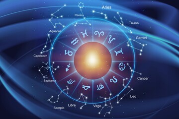 zodiac signs inside of horoscope circle. astrology in the sky with stars and moons astrology and hor