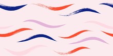 Seamless Wave Pattern, Watercolor Pink Red Vector Curve Background. Wavy Beach Brush Stroke, Curly Grunge Paint Lines, Hand Drawn Water Sea Illustration