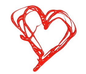 Red paint heart symbol, hand drawn isolated on white, top view