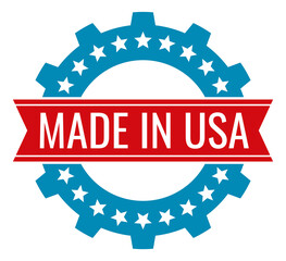 Sticker - Made in USA emblem. Red ribbon on blue starred gear symbol