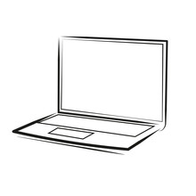 Open Laptop Half Side View, Black Drawing On White Background In Line Art Style