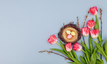 Spring Pink White Tulips With Colorful Quail Eggs In Nest On Light Sky Blue Background