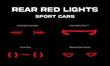 Rear Red Lights On Dark Black Background, Wallpaper, Banner Template. Vector Illustration.