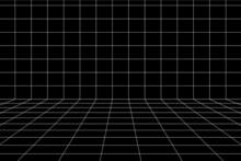 3D Digital White Grid Of Wall, Floor Of Black Room Space With One Point Perspective. White Empty Geometric Cyberspace Studio Background. Virtual Three Dimension Scene. Easy Guide Architecture Template