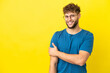 © luismolinero - Young handsome caucasian man isolated on yellow background laughing