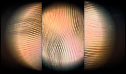 Poster - three fragments glowing sphere translucent through a striped texture on a dark background, blurred image, 3d rendering
