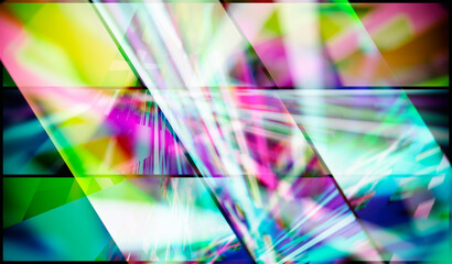 Poster - abstract composition of multi-colored rays and light reflections divided into fragments, 3d rendering, blurred image