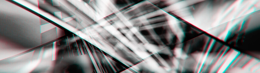 Poster - abstract composition of rays and light reflections divided into fragments, monochrome, 3d rendering, blurred image