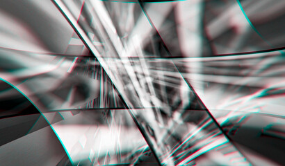 Poster - abstract composition of rays and light reflections divided into fragments, monochrome, 3d rendering, blurred image