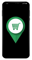 Leinwandbilder - Vector smartphone mockup. Front view of modern  mobile phone with online store pointer icon. Shopping cart symbol.