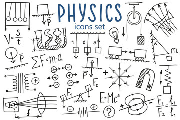 Wall Mural - Phisics symbols icon set. Science subject doodle design. Education and study concept. Back to school sketchy background for notebook, not pad, sketchbook. Hand drawn illustration.