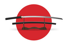 Japanese Katana Sword And Scabbard On A Stand. Vector 3D Illustration