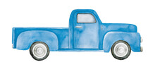 Watercolour Illustration Of Blue Pickup Truck. Hand Painted Water Color Graphic Drawing On White Background, Cut Out Clip Art Element For Design Decoration, Invitation, Poster, Sticker, Festive Print.
